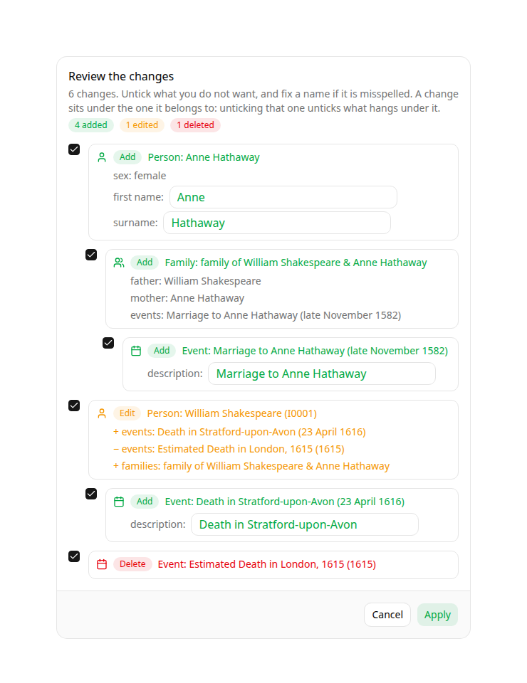Interactive change card: additions in green, edits in orange, deletions in red, with editable fields and checkboxes
